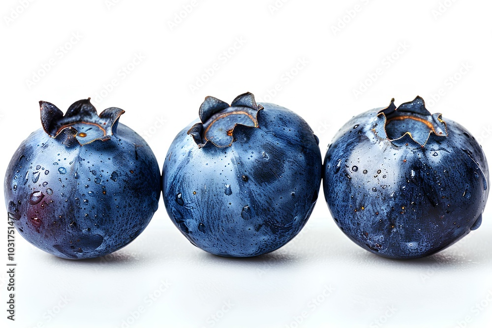 Three blueberries sitting side by side on a white surface Three blueberries sitting side by side on a white surface