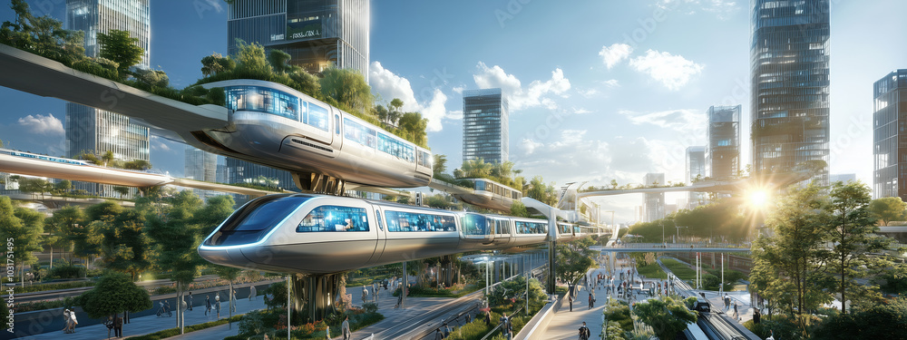 Fototapeta premium Innovative Urban Landscape Featuring Eco-Friendly Hovercars, Self-Driving Vehicles, and Lush Gardens Amidst a Clean Blue Sky