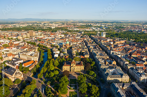 Strasbourg, France. Palais du Rhin - Prussian Neo-Renaissance palace built in the 1880s. Panorama of the city center on a summer morning. Aerial view