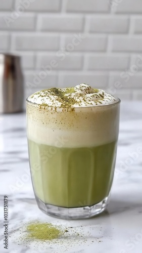 Glass of almond milk matcha latte on a marble countertop, vegan drink, elegant caffeine alternative photo