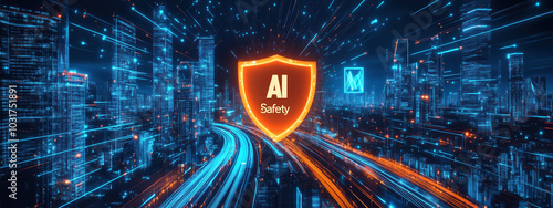 Vibrant Futuristic City with Glowing Blue Skyscrapers, Holographic Displays, and an Orange Outline Shield Representing Safety Amidst Dynamic Road Lights and 