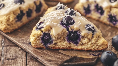 Vegan blueberry scones with coconut glaze, vegan breakfast, homemade plantbased pastry