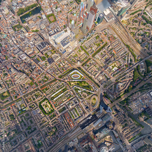 The Hague, Netherlands. Panorama of the summer city in clouds weather. HEAD OVER SHOT. Aerial view