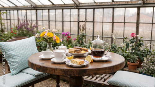 Elegant Afternoon Tea Setting in a Sunlit Garden Room