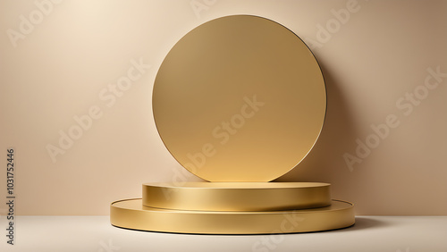 Two stacked matte golden round podium stage cosmetic product display mock up with gold circle backdrop and cream color background scene