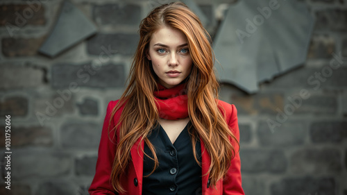 Confident Businesswoman with Red Hair and Stylish Scarf