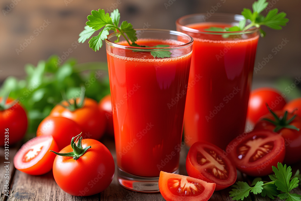 Glasses with tomato juice, tomatoes and cilantro on a wooden background Glasses with tomato juice, tomatoes and cilantro on a wooden background