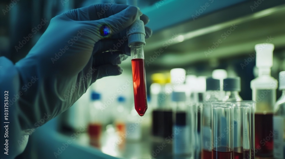 Scientist Examining Blood Sample in Laboratory Test Tube Scientist Examining Blood Sample in Laboratory Test Tube