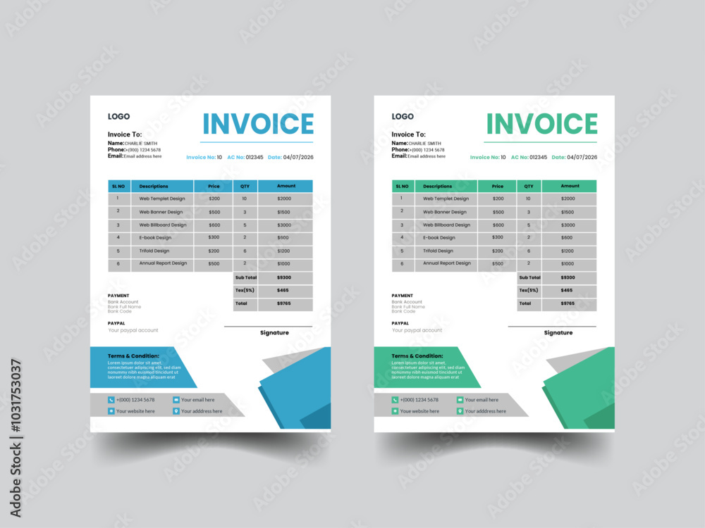 Invoice design with creative shape, business invoice form template design Invoice design with creative shape, business invoice form template design