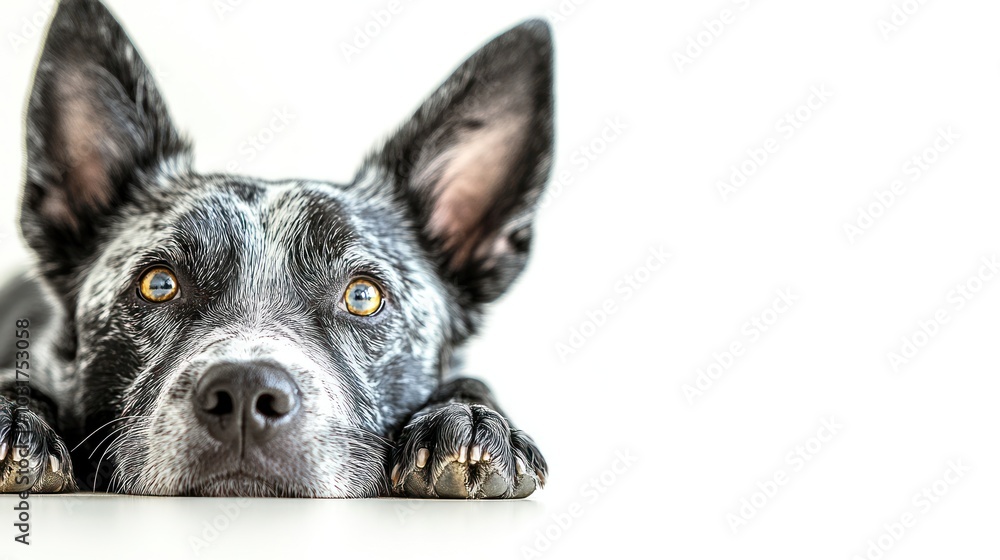 A close-up of a dog's face resting on a surface, showcasing its attentive expression. A close-up of a dog's face resting on a surface, showcasing its attentive expression.