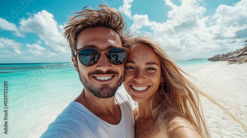 Smiling Couple in Sunglasses Enjoying Tropical Beach Getaway