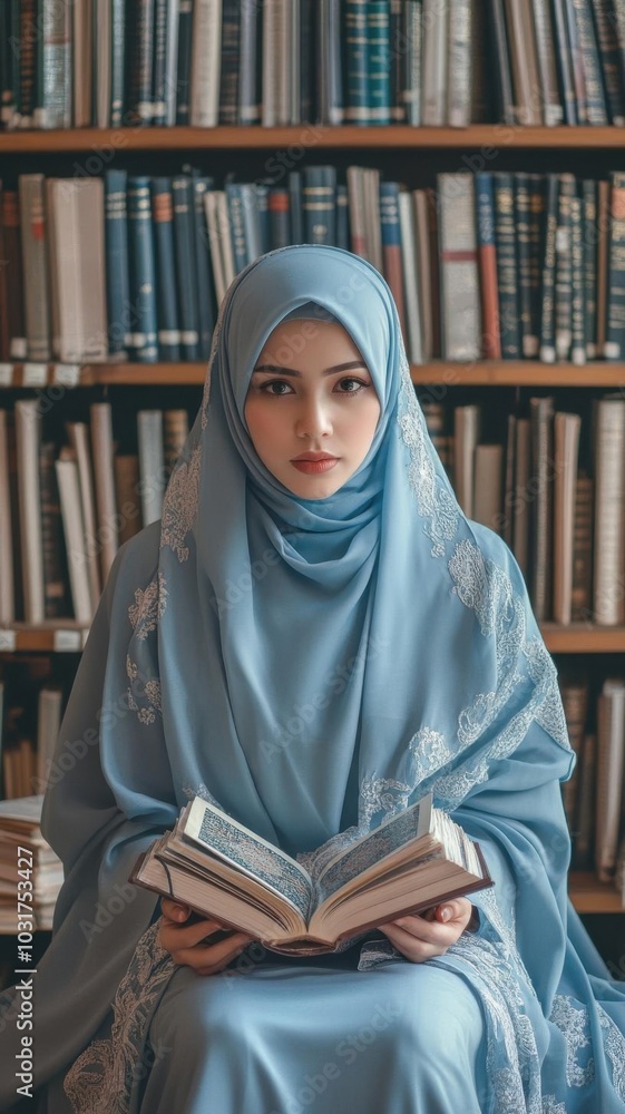 A woman in a hijab reads a book in a library, surrounded by shelves of books. She wears a serene expression and a blue outfit. A woman in a hijab reads a book in a library, surrounded by shelves of books. She wears a serene expression and a blue outfit.