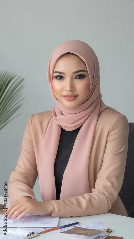 Confident businesswoman in a beige hijab smiling at her desk, conveying professionalism in a modern office setting. Confident businesswoman in a beige hijab smiling at her desk, conveying professionalism in a modern office setting.