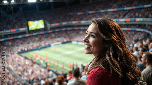 Joyful Woman in a Vibrant Stadium Crowd at Sporting Event