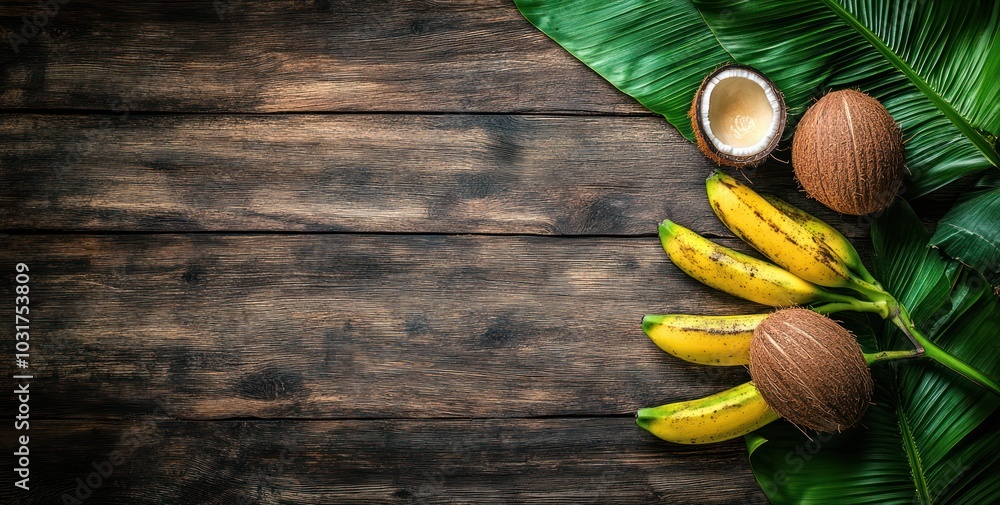 A rustic arrangement of bananas, coconuts, and palm leaves on a wooden surface.