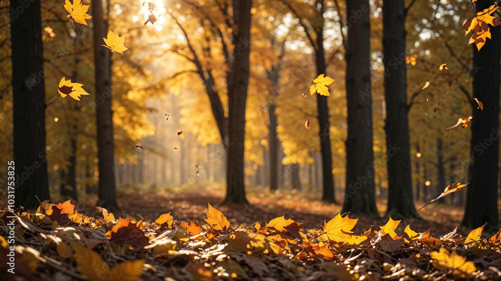 Golden Autumn Leaves Falling in a Tranquil Forest Golden Autumn Leaves Falling in a Tranquil Forest