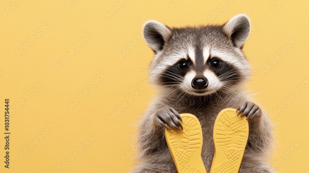 A cute raccoon holds yellow shoe soles against a bright yellow background. A cute raccoon holds yellow shoe soles against a bright yellow background.