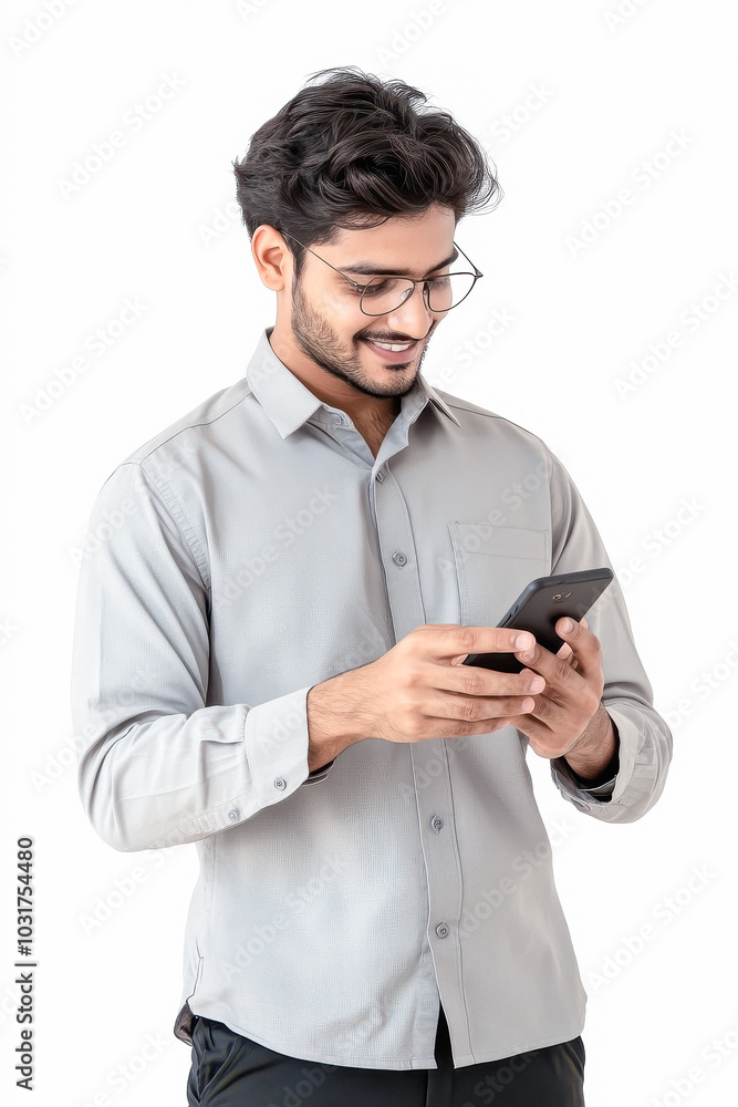 young indian man using smartphone on white background young indian man using smartphone on white background