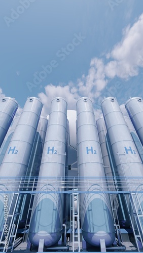 Storage tanks of hydrogen. hydrogen H2 tanks are integral to advancing clean hydrogen energy solutions, facilitating a shift towards more sustainable energy practices. Vertical screen. 3d illustration