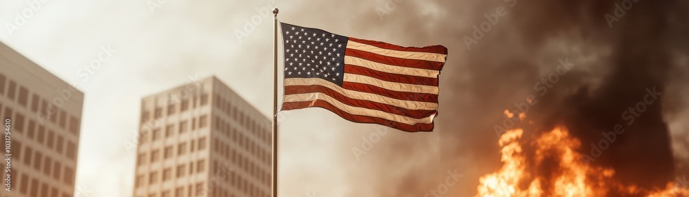 Obraz premium American flag waving in a dramatic scene with buildings and fire in the background.