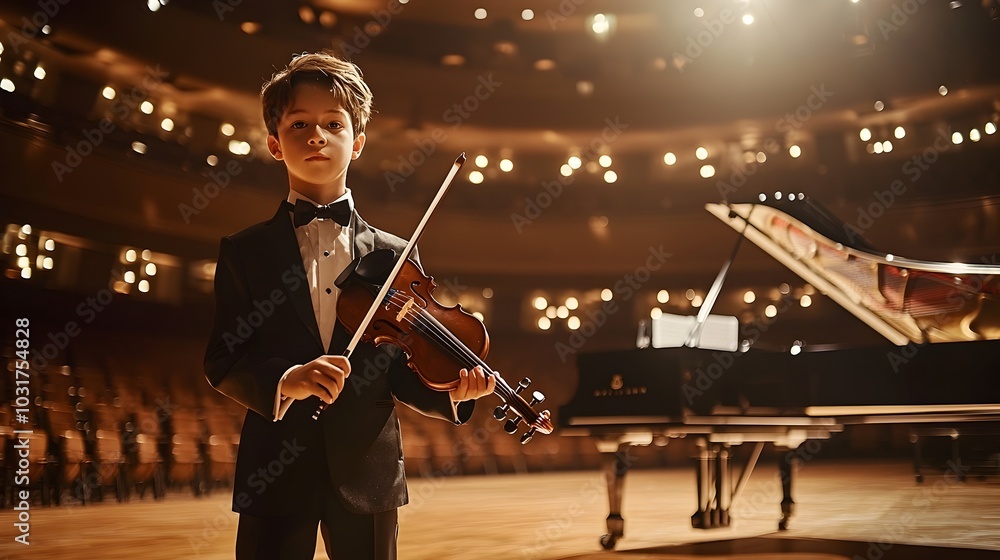 Fototapeta premium Talented Young Musician with Violin Performing on Stage with Grand Piano Backdrop