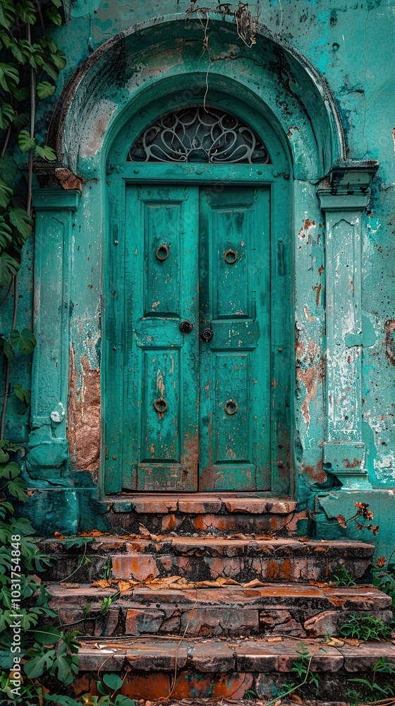 Weathered Green Door and Stone Steps Weathered Green Door and Stone Steps