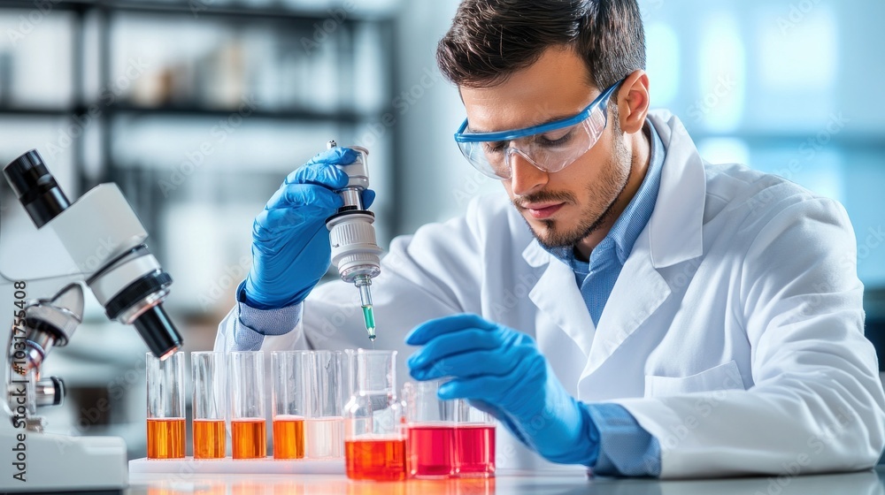 A Scientist in a Lab Coat Conducting an Experiment with a Pipette A Scientist in a Lab Coat Conducting an Experiment with a Pipette