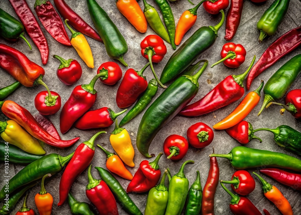 Vibrant Aerial View of Red and Green Hot Peppers in a Colorful Background Vibrant Aerial View of Red and Green Hot Peppers in a Colorful Background