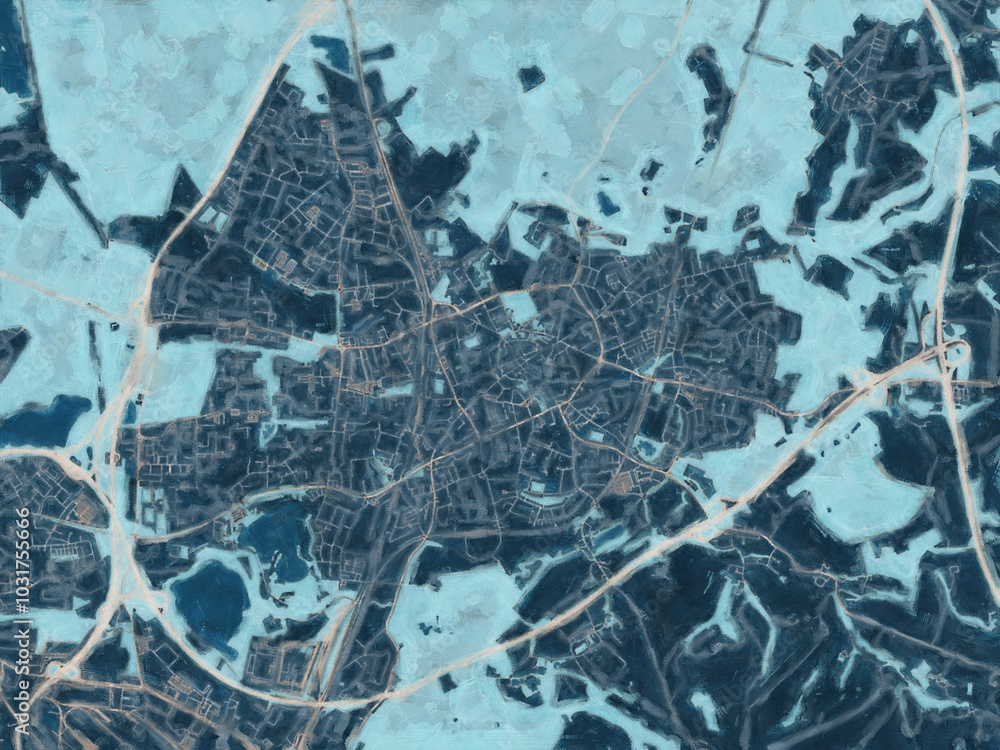 Fototapeta premium Painterly Style City Map of Ratingen, Germany in a Blue Color Scheme.