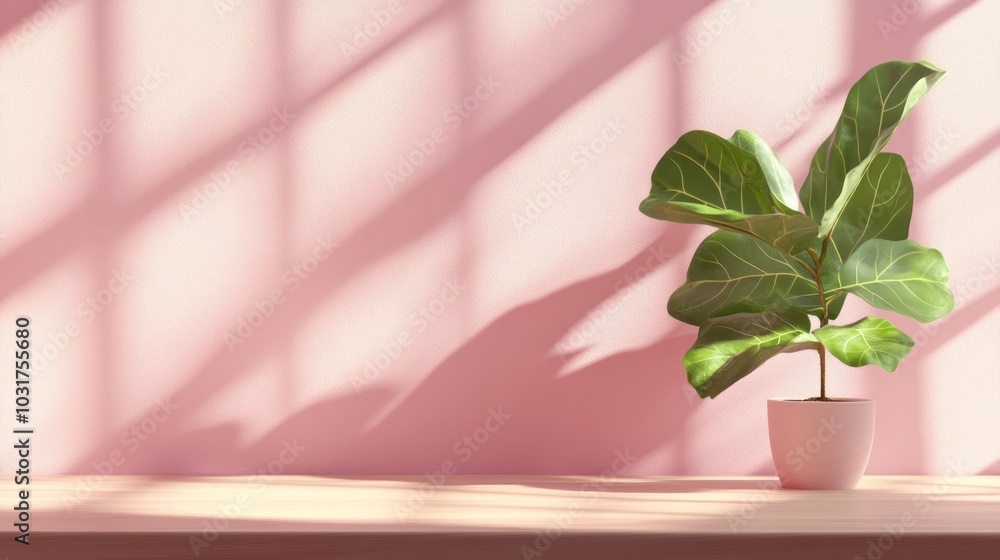 A potted plant on a wooden surface against a pink wall, creating a calming atmosphere. A potted plant on a wooden surface against a pink wall, creating a calming atmosphere.