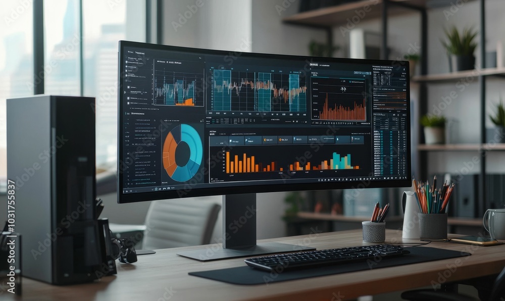 A modern office desk with data analysis on a curved A modern office desk with data analysis on a curved