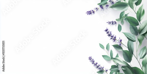 Wallpaper Mural A minimalist design featuring lavender flowers and green leaves on a white background. Torontodigital.ca