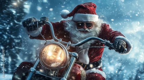 Santa on a Motorcycle Riding Through Snowy Christmas Landscape photo