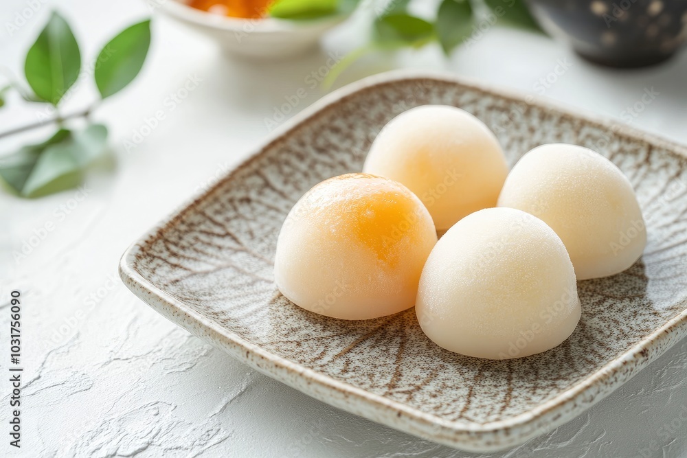 Japanese ice cream Mochi in rice dough. Traditional Japanese dessert on white background. Selective focus, copy space - generative ai Japanese ice cream Mochi in rice dough. Traditional Japanese dessert on white background. Selective focus, copy space - generative ai