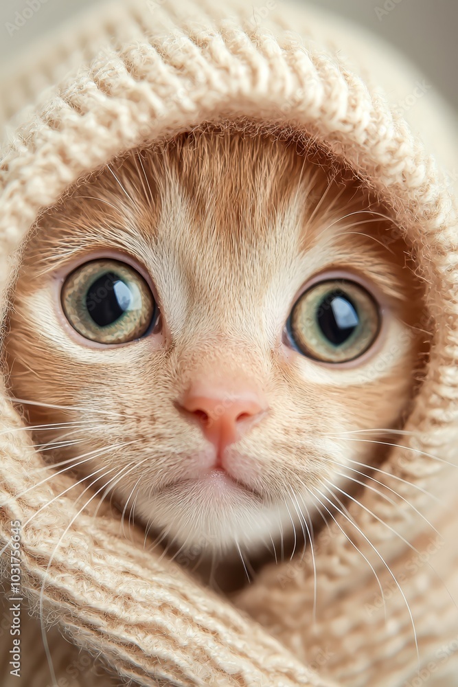A tight shot of a cat's face wearing a knitted sweater around its neck and covering its eyes A tight shot of a cat's face wearing a knitted sweater around its neck and covering its eyes