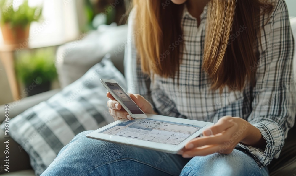 Obraz premium Woman using tablet and phone on sofa.