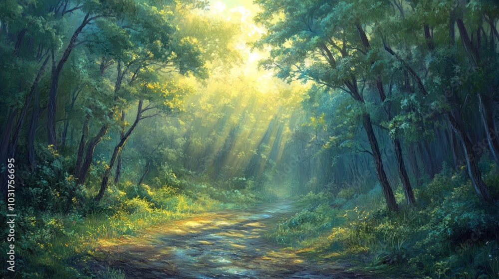 Obraz premium A serene forest path illuminated by sunlight filtering through the trees.