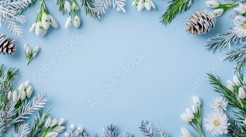 A winter-themed arrangement of flowers, pinecones, and greenery on a light blue background.