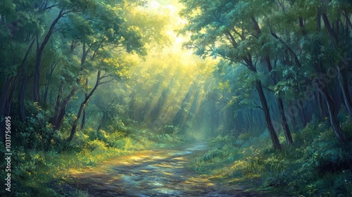 A serene forest path illuminated by sunlight filtering through the trees.