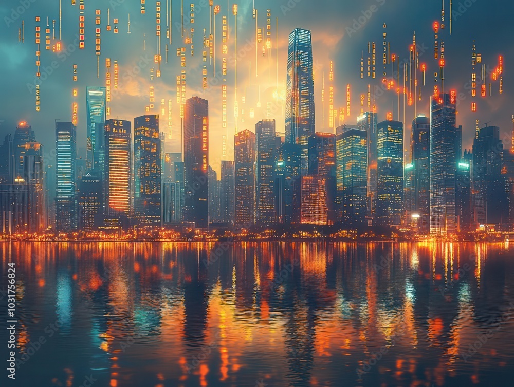 dynamic stock market bar chart superimposed on a modern city skyline, illustrating finance and investment trends, with skyscrapers reflecting business vitality and urban life dynamic stock market bar chart superimposed on a modern city skyline, illustrating finance and investment trends, with skyscrapers reflecting business vitality and urban life