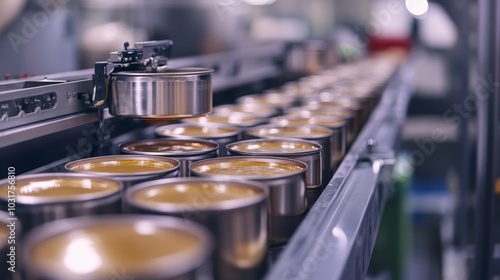 A close-up view of an automated food canning line in action, featuring rows of cans moving along a conveyor belt, being filled with product. The image showcases the efficiency and precision of modern 