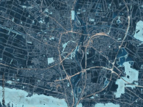 Painterly Style City Map of Minden, Germany in a Blue Color Scheme. photo