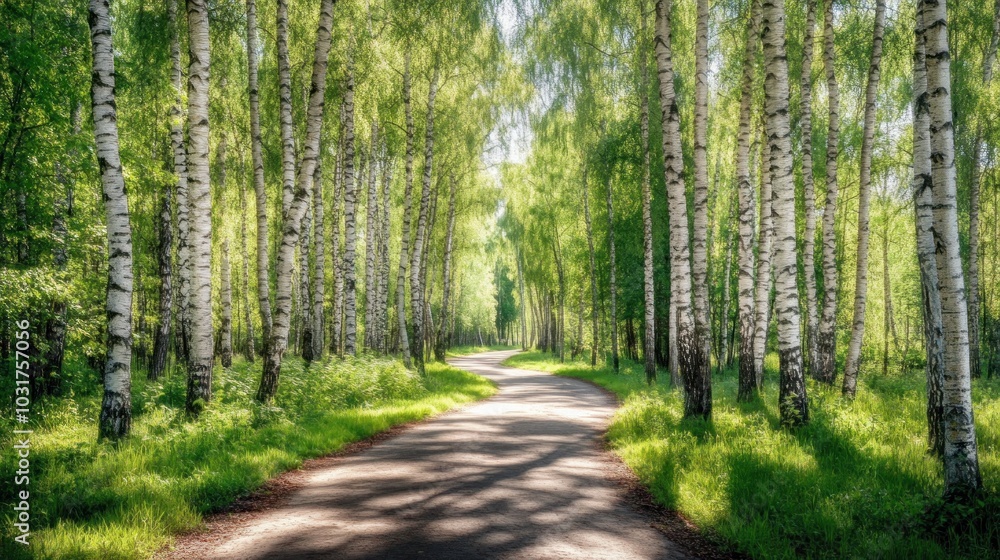 Fototapeta premium A serene pathway through a lush birch forest, inviting exploration and tranquility.