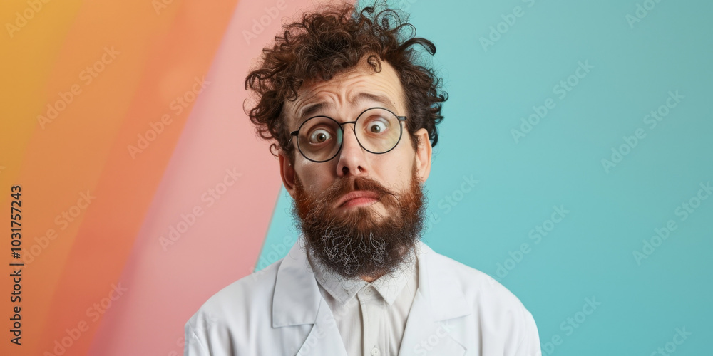 A surprised bearded man wearing glasses and a white lab coat stands against a plain background, conveying a sense of shock or discovery A surprised bearded man wearing glasses and a white lab coat stands against a plain background, conveying a sense of shock or discovery
