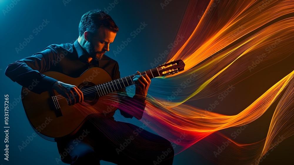 Obraz premium Mesmerizing Classical Guitarist Performing with Colorful Light Ribbons Under Spotlight