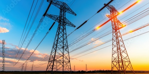 Electricity Transmission Towers at Sunset with Glowing Wires