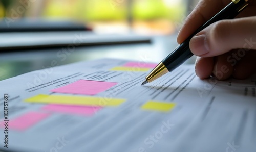 Hand signing a document with a pen.