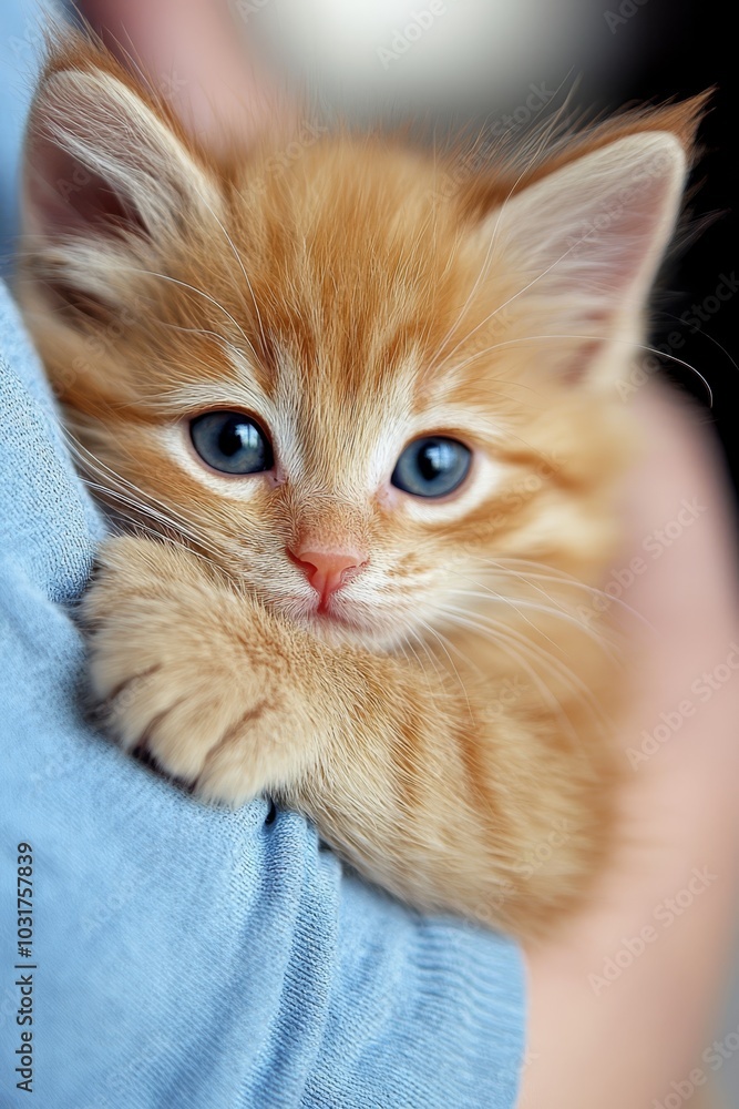  A tiny orange kitten with blue eyes is cradled in someone's arm against a hazy backdrop