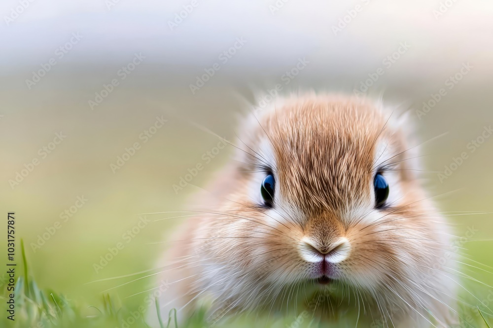 A tight shot of a brown-and-white rabbit with blue eyes gazing into the camera, surrounded by grass in the foreground A tight shot of a brown-and-white rabbit with blue eyes gazing into the camera, surrounded by grass in the foreground