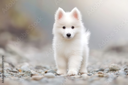  A tight shot of a small white dog on rocky terrain with a hazy background